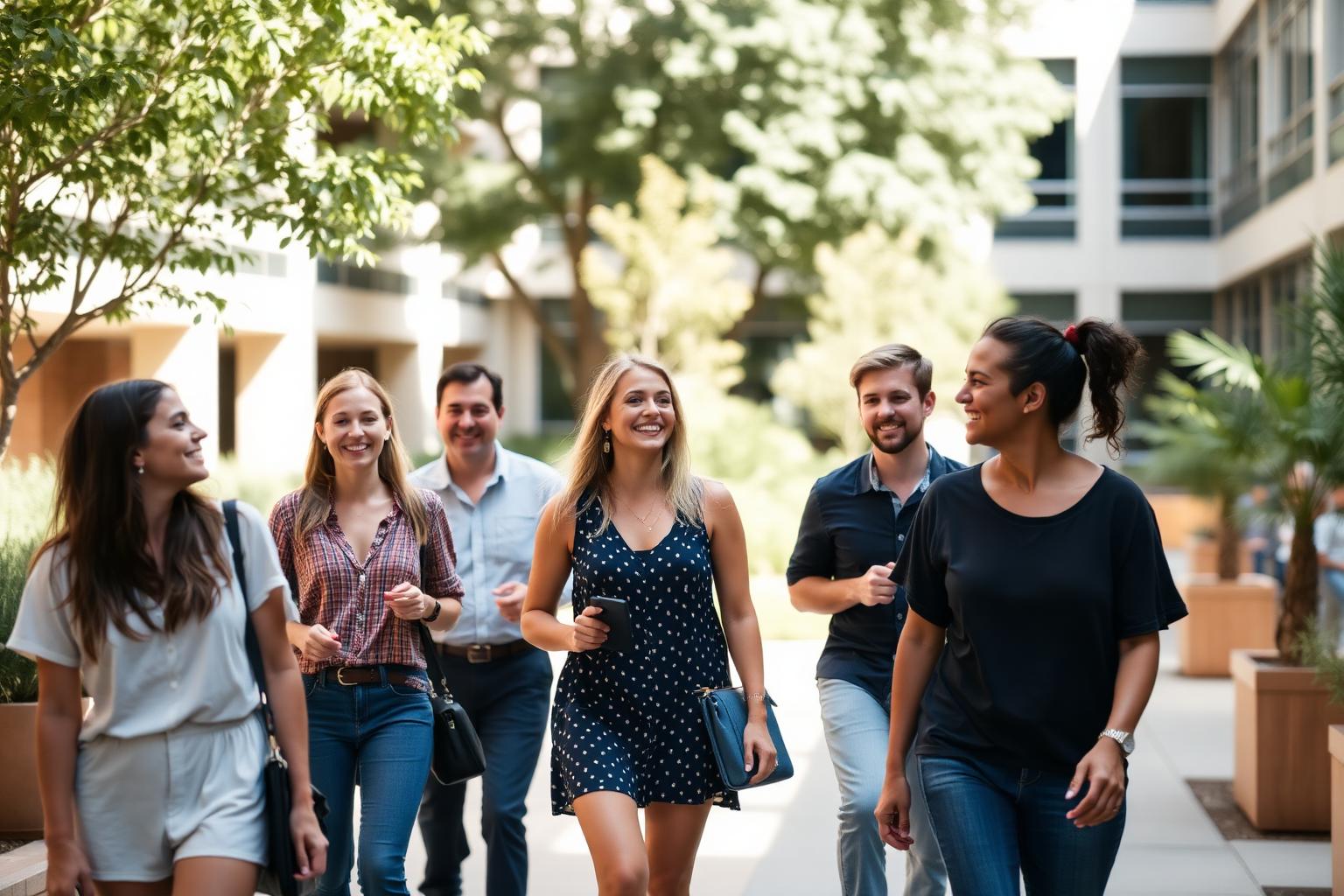 Kleine Gruppe im sonnigen modernen Innenhof, im Gespräch und in Bewegung