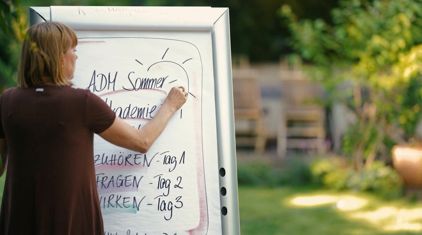 Ulrike Dolle skizziert die ADM Sommerakademie auf einem Flipchart im sommerlichen Garten