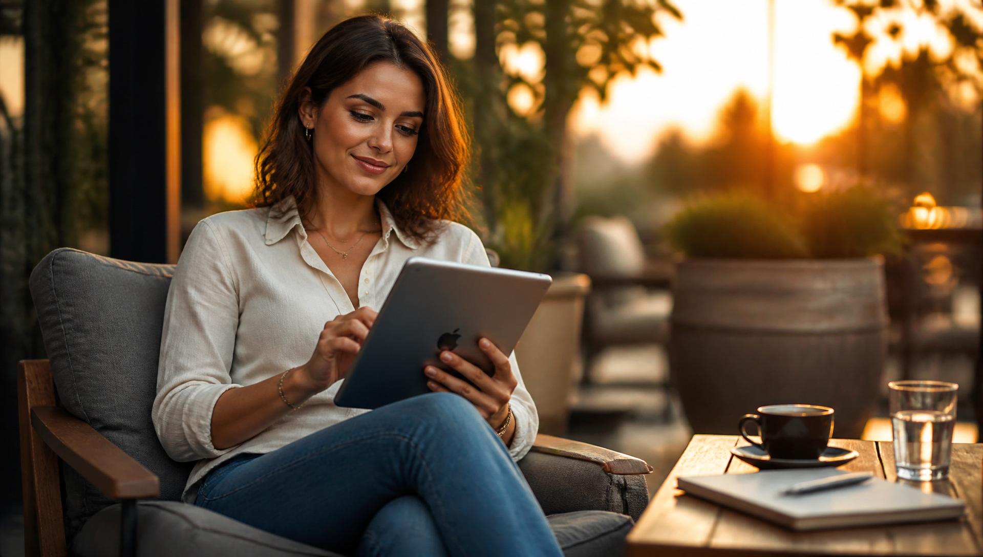 Person mit Tablet und Notizbuch in heller Umgebung — KI-Coach im Transfer