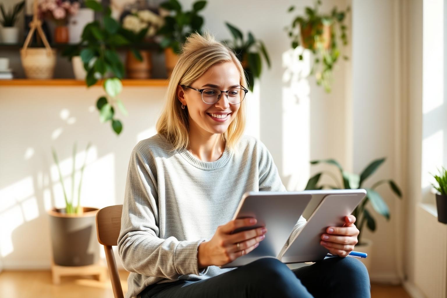 Person mit Tablet und Notizbuch in heller Umgebung — KI-Coach im Transfer