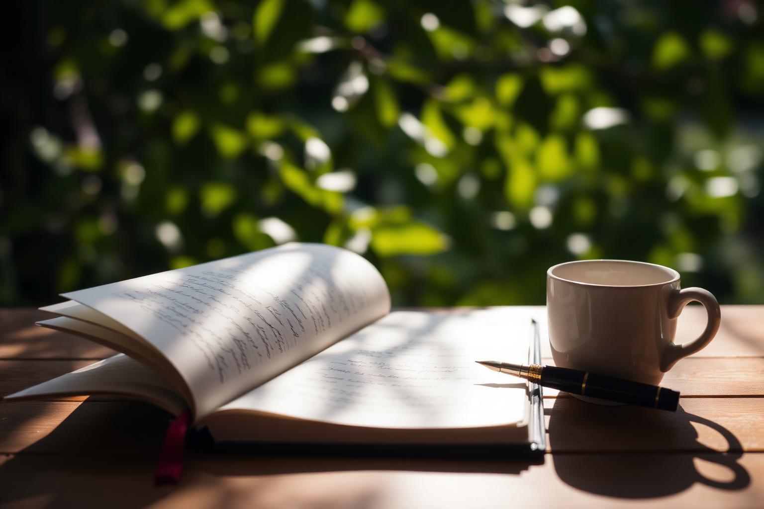 Offenes Notizbuch mit handschriftlichen Notizen, Füller und Tasse auf Holztisch im Sommerlicht